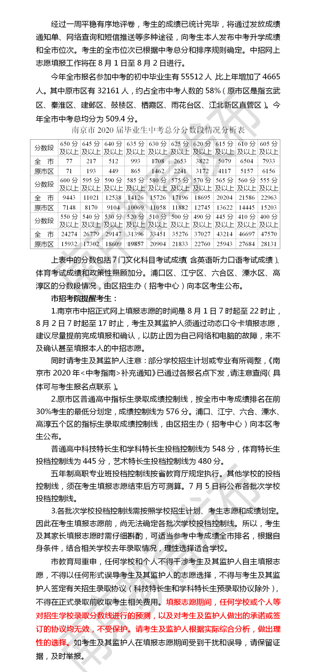 南京市中招投檔控制線揭曉?。▋?nèi)附總分分?jǐn)?shù)段情況分析表）